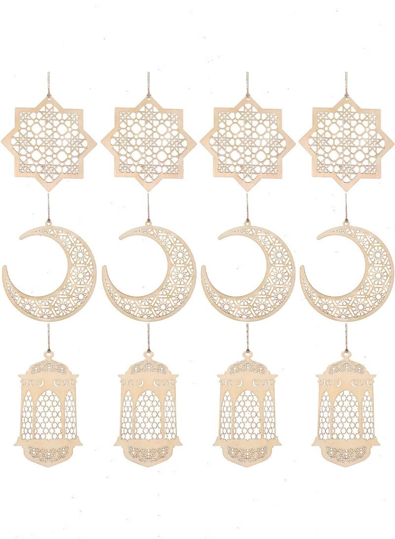 12 قطعة من ديكورات رمضان الخشبية، قلادات معلقة مجوفة على شكل نجمة وقمر، زينة فوانيس احتفالية لحفلات المنازل الإسلامية - Image 3